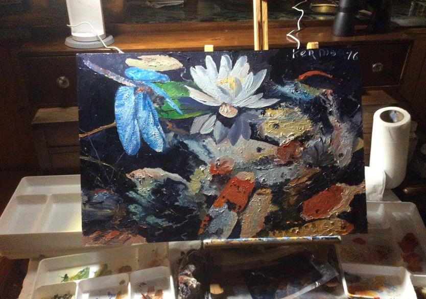 libellule  et carpekoi huile sur panneau 61/41.350 euros