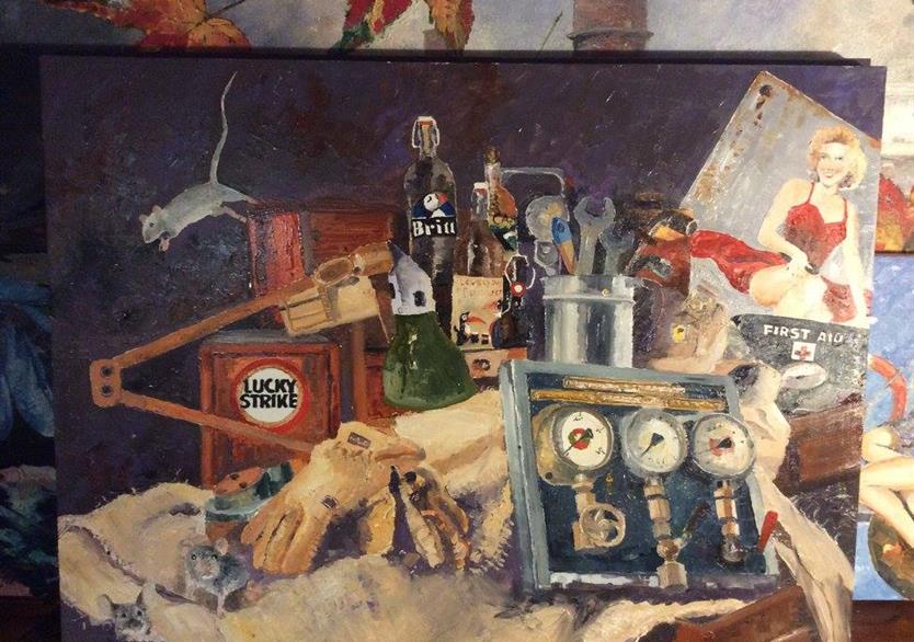 cinq souris dans mon atelier. huile sur panneau 81/61. 470 euros