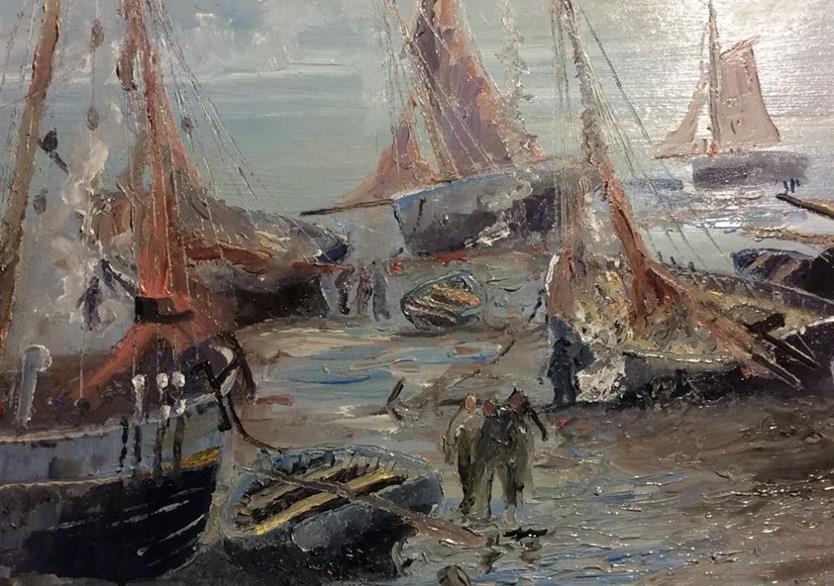 scène de port à marée basse. huile sur panneau 81/61. 470 euros