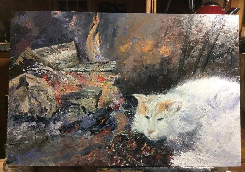Le chat blanc devant la cheminée. huile sur panneau 61/41. 400 euros