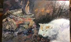 Le chat blanc devant la cheminée. huile sur panneau 61/41. 400 euros