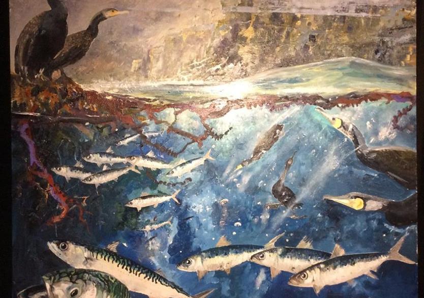 Cormorans et poissons bleus. huile sur panneau 123/123. 970 euros