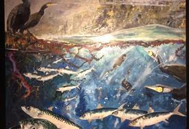Cormorans et poissons bleus. huile sur panneau 123/123. 970 euros