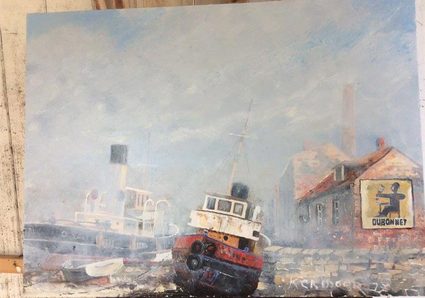 Remorqueur dans la brume. huile sur panneau 81/61. 430 euros