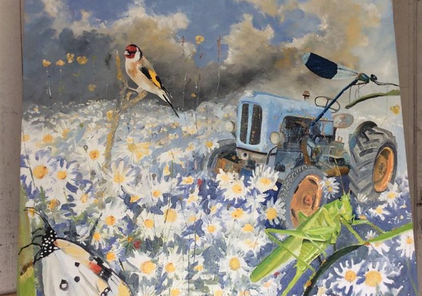 Biodiversité avec tracteur agricole. huile sur panneau 123/123. 1200 euros