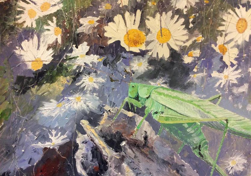 La sauterelle verte. huile sur panneau 123/83. 850 euros