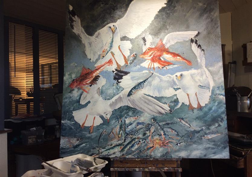 Le festin des mouettes. huile sur panneau 123/123. 1100 euros