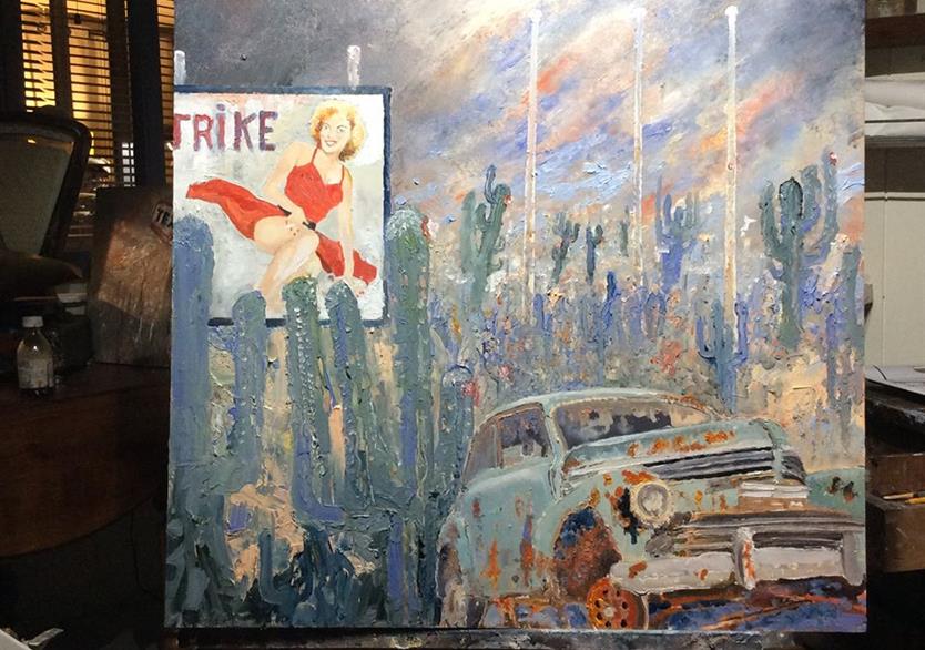 la pin-up les cactus et la vieille voiture. huile sur panneau 61/61.380 euros