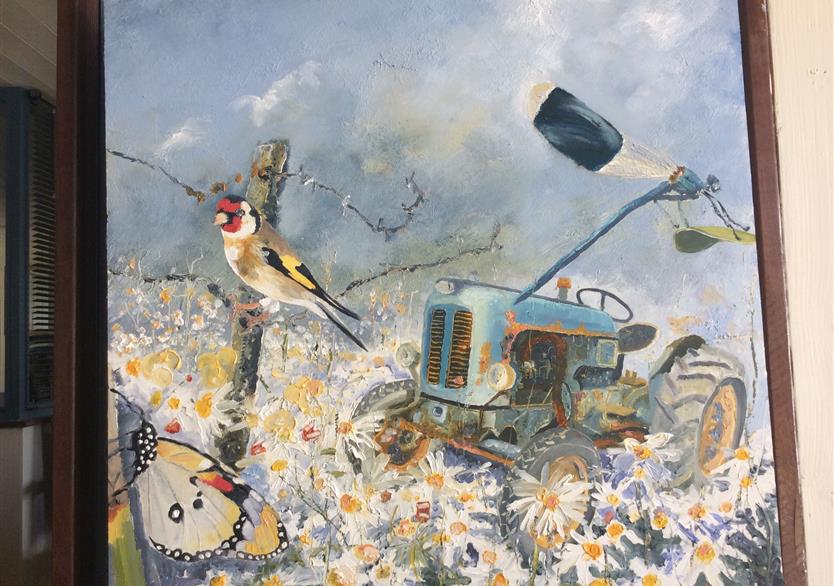 Le tracteur bleu. huile sur panneau 61/61. 400 euros