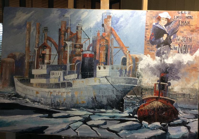 Scène de port dans la glace. huile sur panneau 123/83. 800 euros