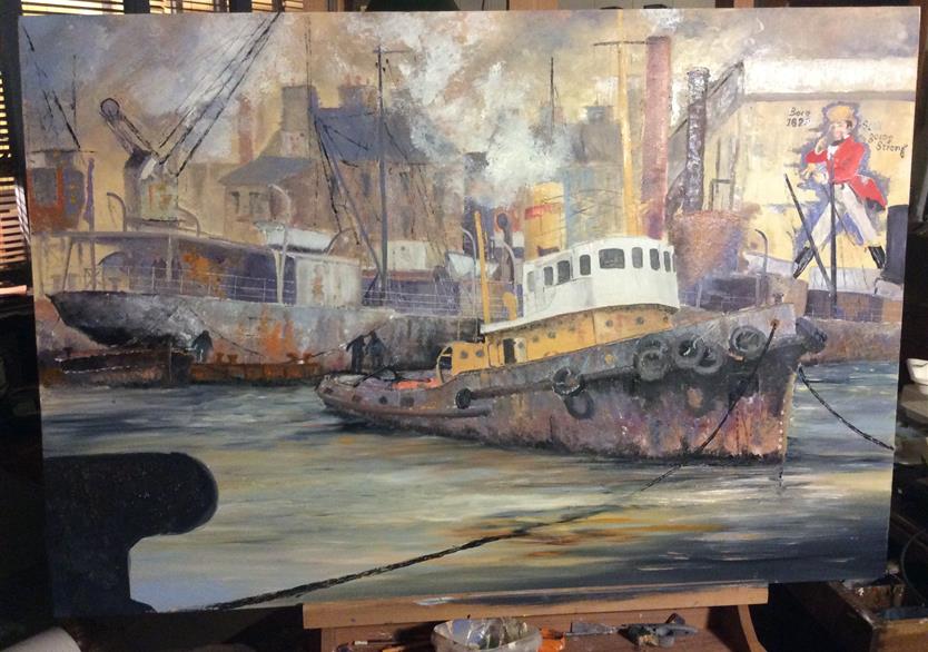 Le remorqueur jaune. huile sur panneau 123/83. 900 euros