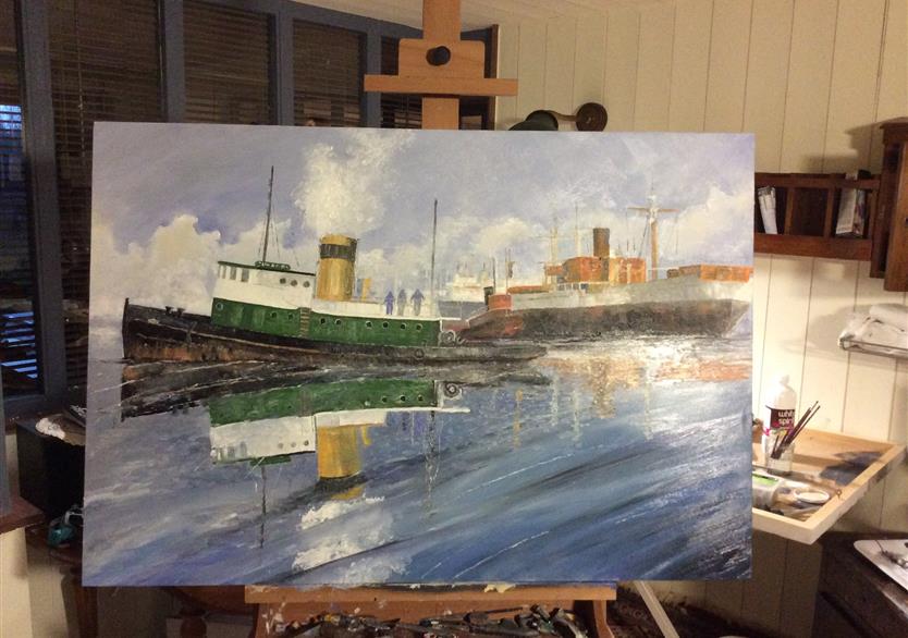 Le dernier voyage du liberty ship. huile sur panneau 123/83. 900 euros
