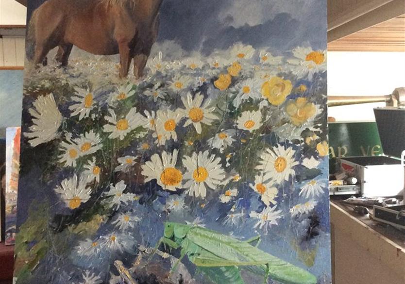 Le cheval et la sauterelle . huile sur panneau 123/83. 900 euros
