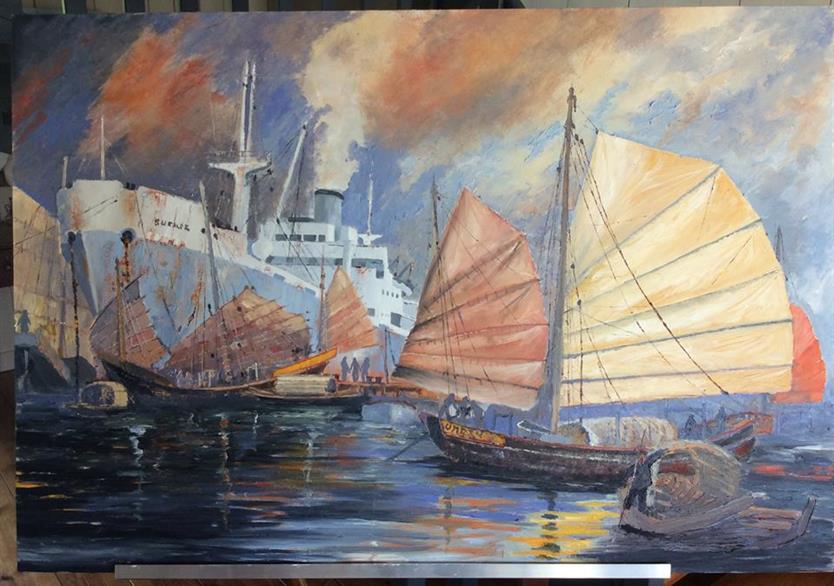 Les jonques sont les papillons de la mer.huile sur panneau 123/83. 900 euros